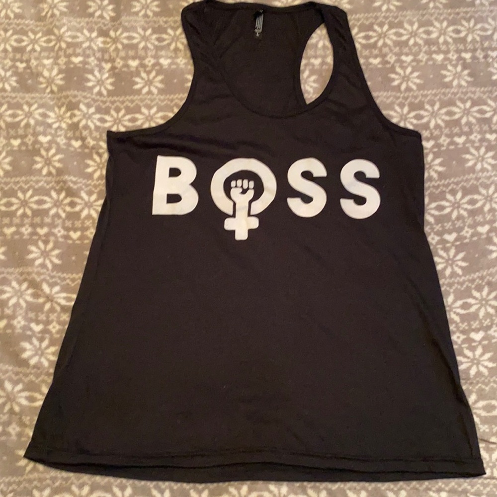 Easy wear tank top with women hand symbol. Boss across front of chest